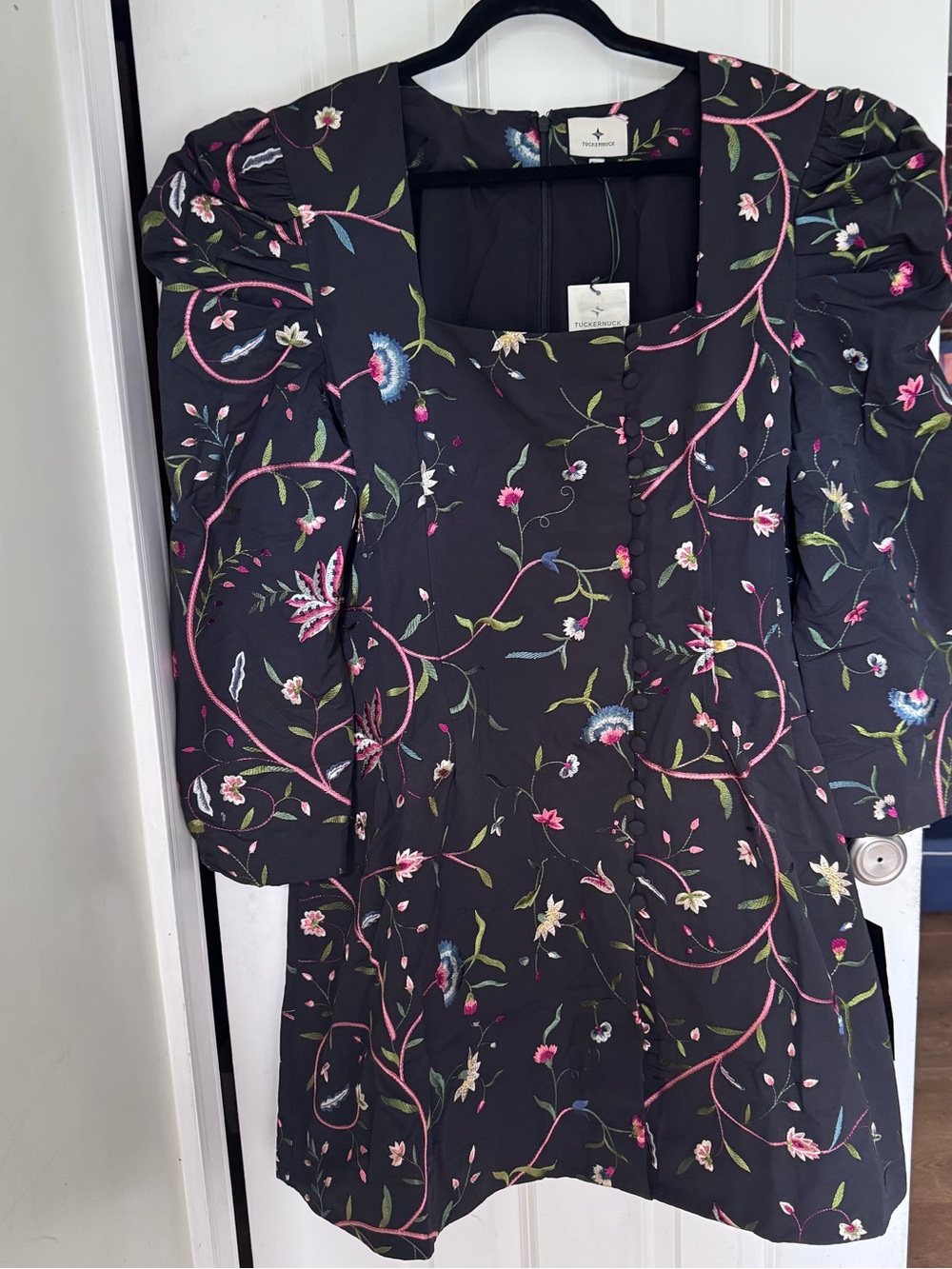 Tuckernuck Calla Dress - Black Embroidered Floral Puff-Sleeve Dress